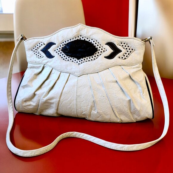 LIDO Vtg 80's Shoulder Handbag Lined White Croc Print Leather + Black Snakeskin
